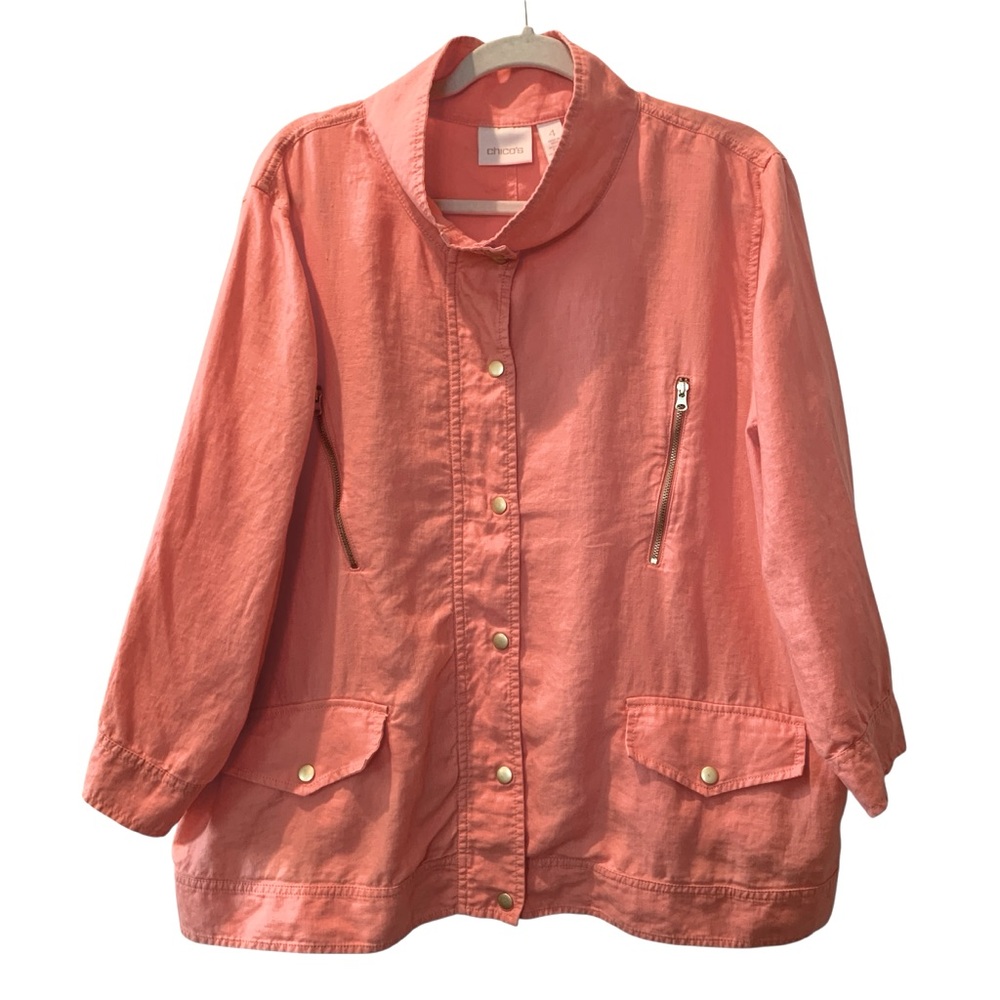CHICO’S Women’s Coral Gold Snap Front Linen Utility Jacket Size 4 US 20-22